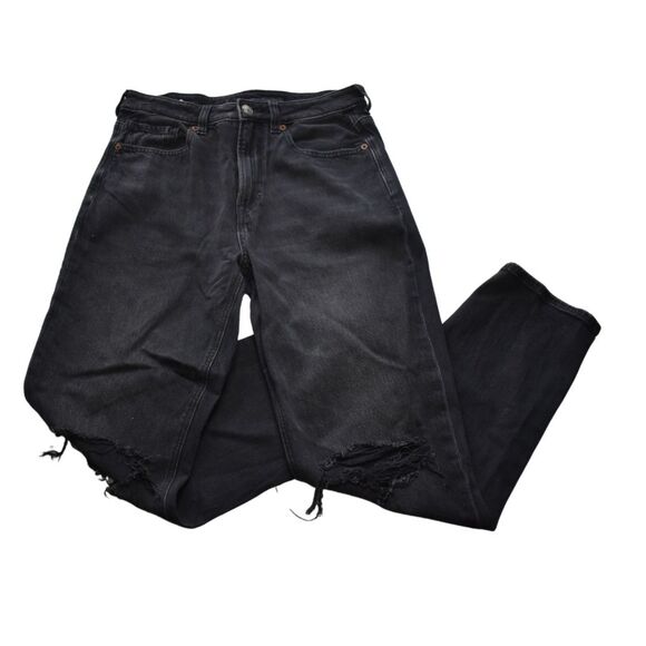 American Eagle Mom Jeans Distressed Black Strigid High Rise Womens 6 SHORT - Picture 1 of 8
